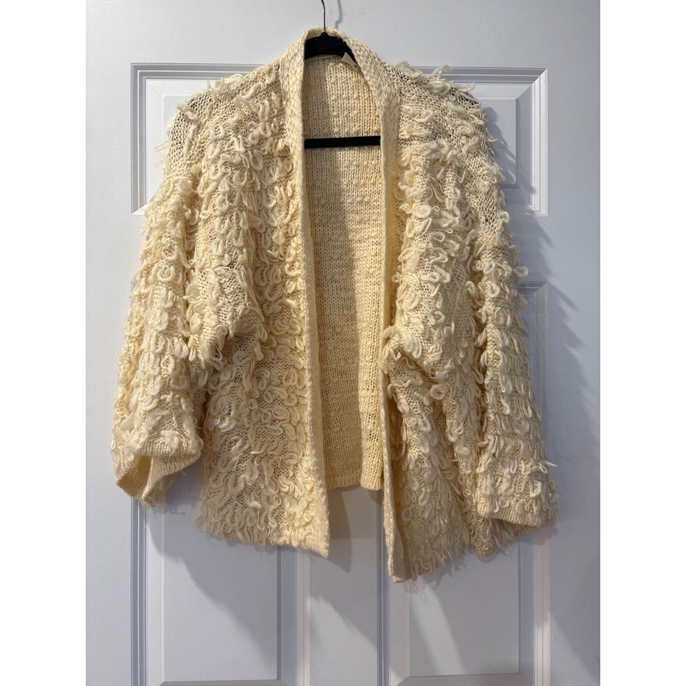 Akemi + Kin Cream Shaggy Loop Chunky Knit Open Front Cardigan OS Wool Blend